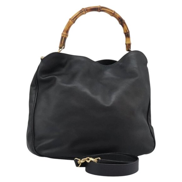 GUCCI Bamboo Hand Bag Leather 2way Black Gold 001 1781 1577 0 Auth BA1094 - Picture 1 of 16